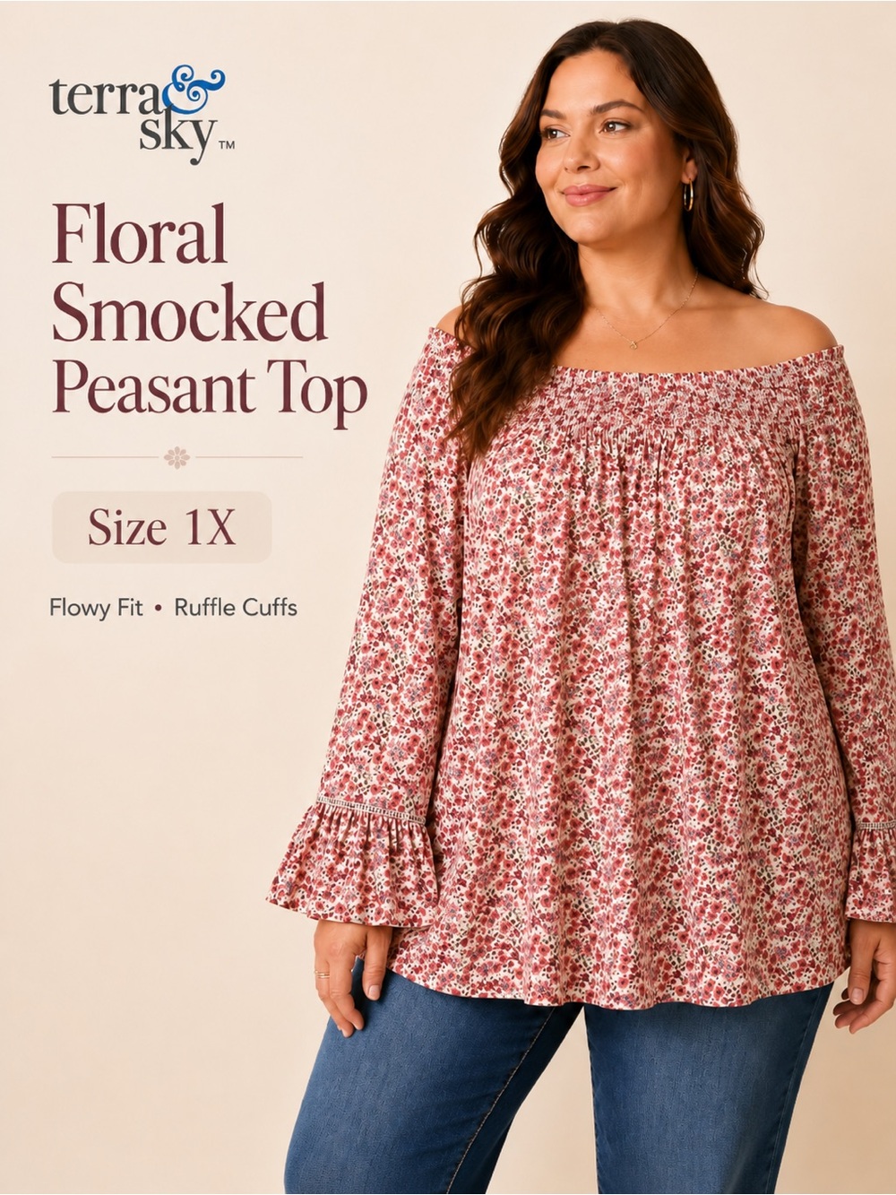 Terra & Sky‎ Rose Floral Smocked Peasant Top 1X